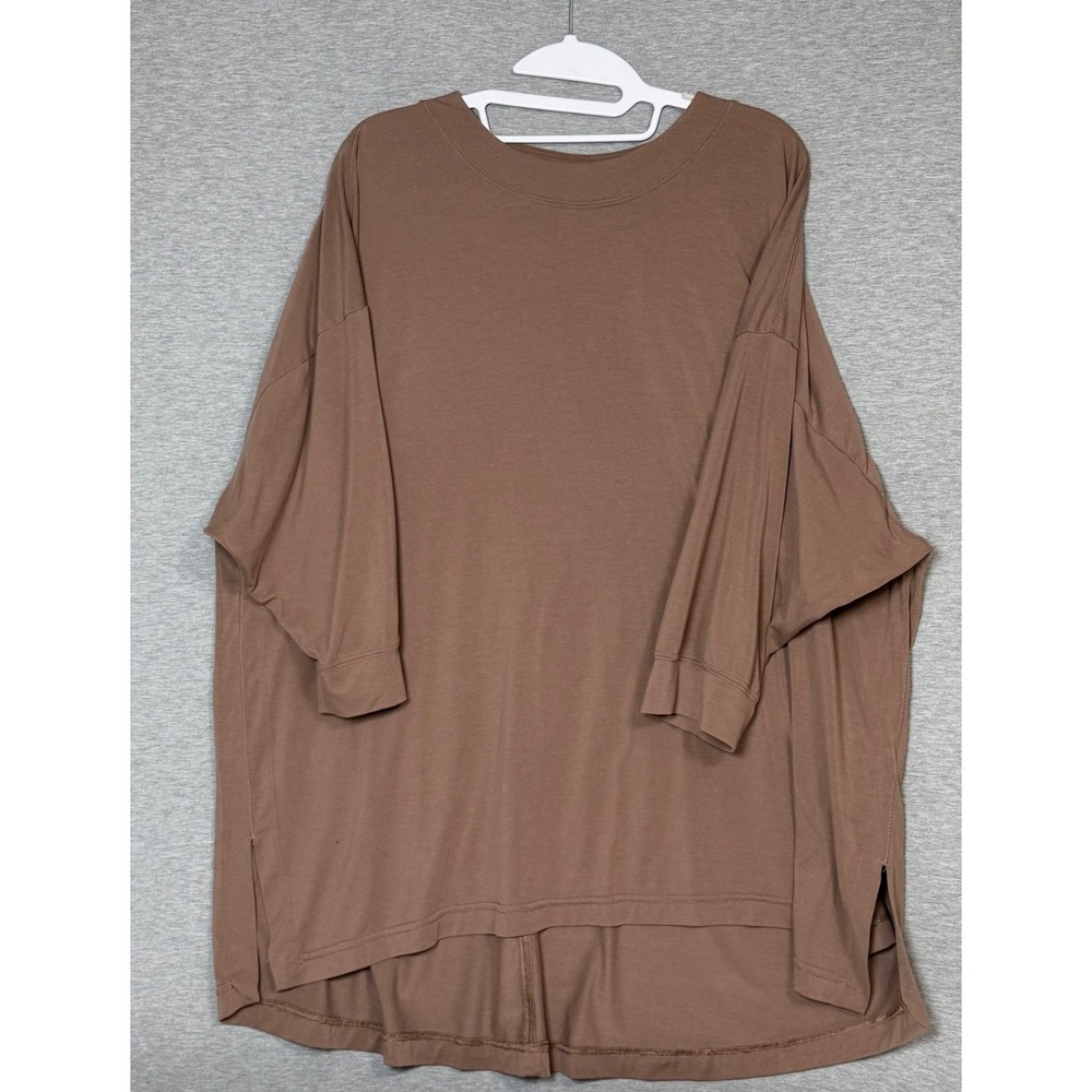Athleta Brown Oversized 3/4 sleeve Tee Shirt Womens 1X  Hi/Low Hem Activewear